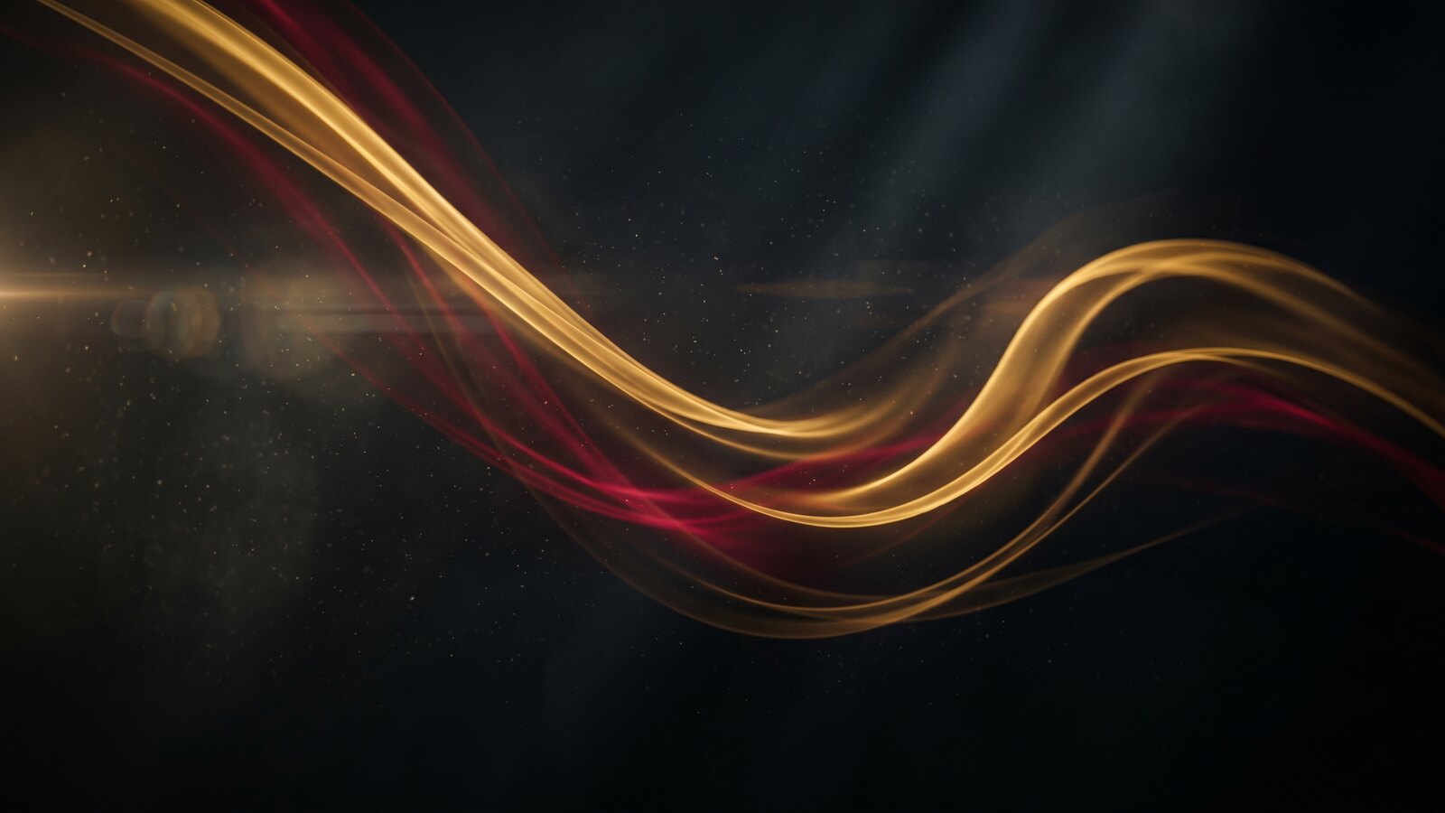Ondas de luz dourada e carmim em fundo escuro, categoria premium e discreta