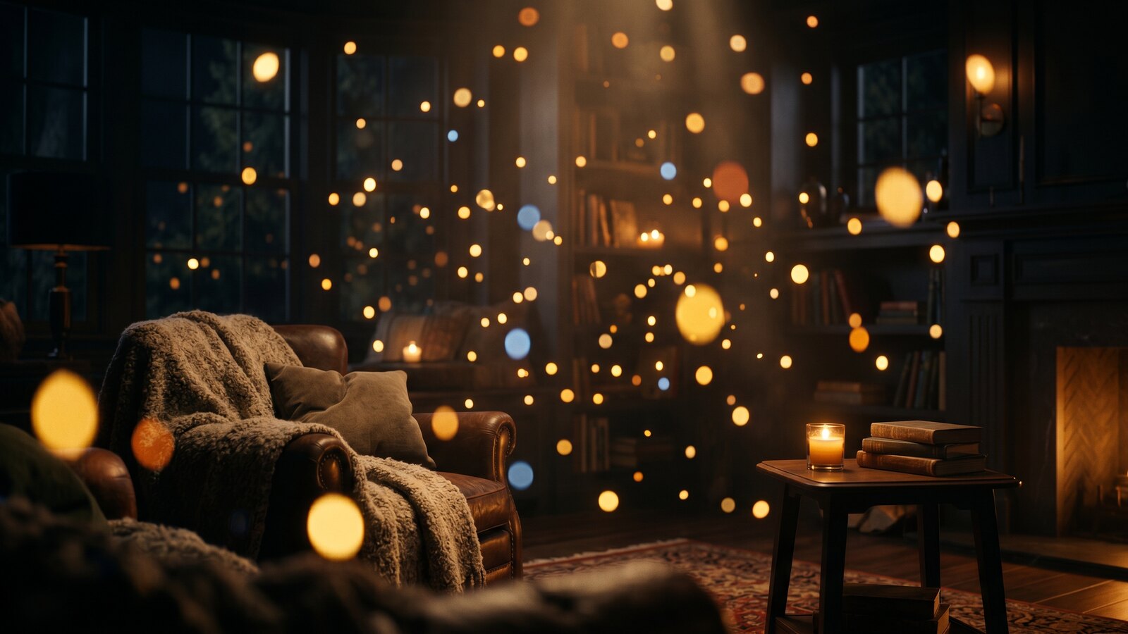Ambiente aconchegante com luzes douradas, canais infantis ao vivo em 4K