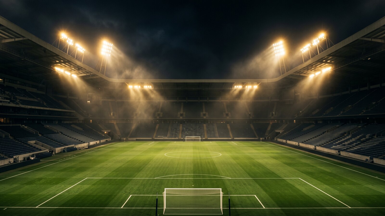 Estádio de futebol à noite com refletores dourados, futebol ao vivo em 4K